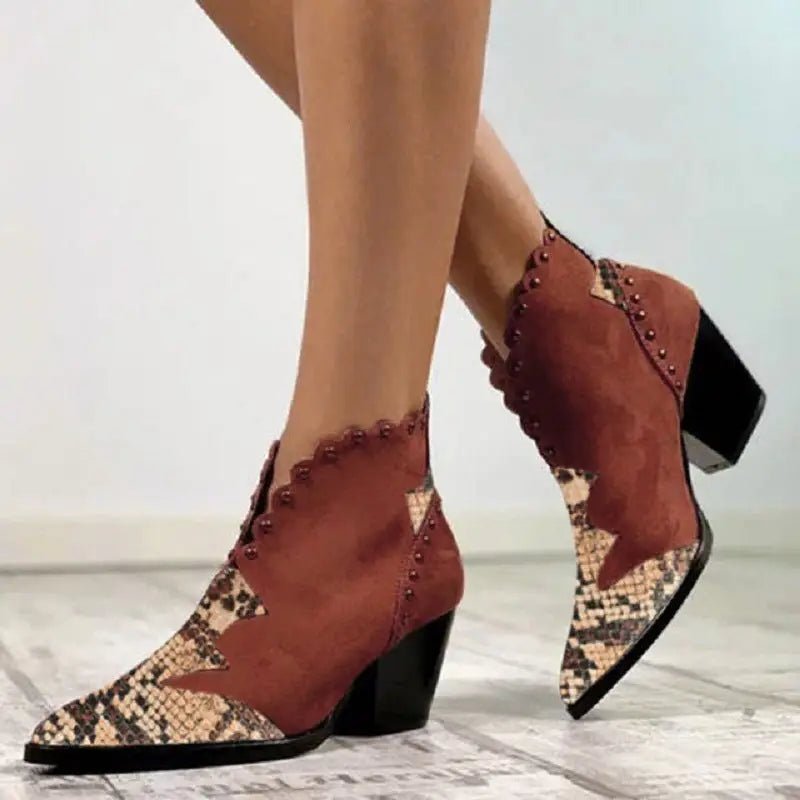 Block - Heel Rivet Color - Block Snake Print Ankle Boots - Trendy Snake Boot snake - label