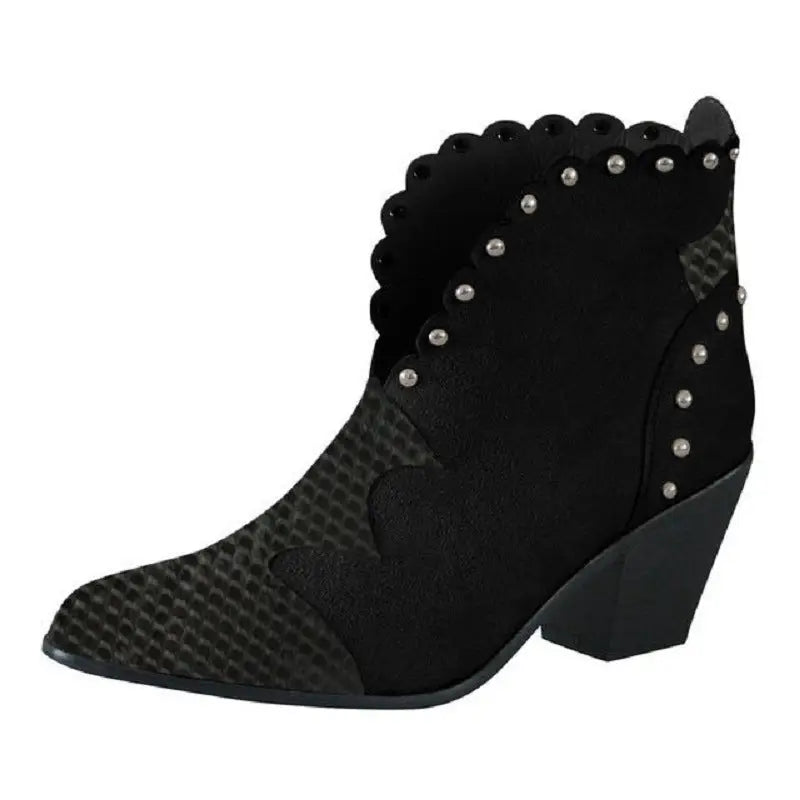 Block - Heel Rivet Color - Block Snake Print Ankle Boots - Trendy Snake Boot snake - label