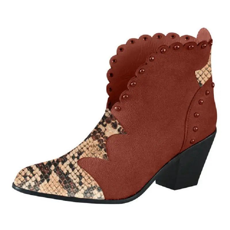 Block - Heel Rivet Color - Block Snake Print Ankle Boots - Trendy Snake Boot snake - label