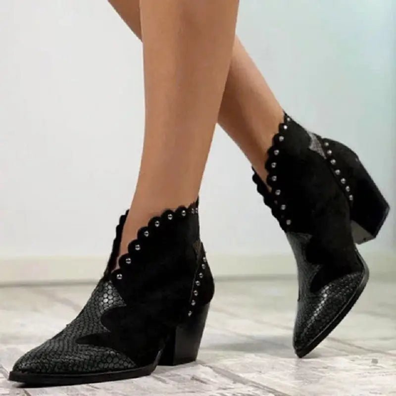 Block - Heel Rivet Color - Block Snake Print Ankle Boots - Trendy Snake Boot snake - label