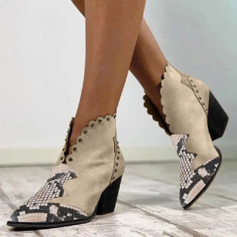 Block - Heel Rivet Color - Block Snake Print Ankle Boots - Trendy Snake Boot snake - label