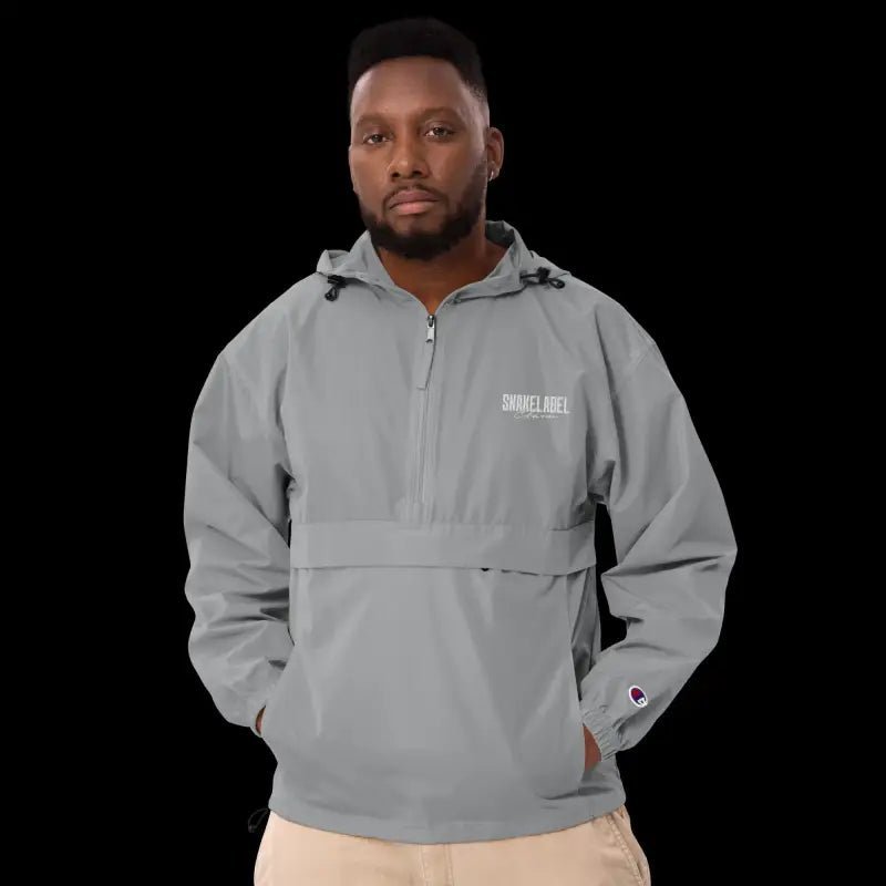 Embroidered Champion Packable Jacket โ Wind - Resistant Hooded Outerwear with Snake Design snake - label