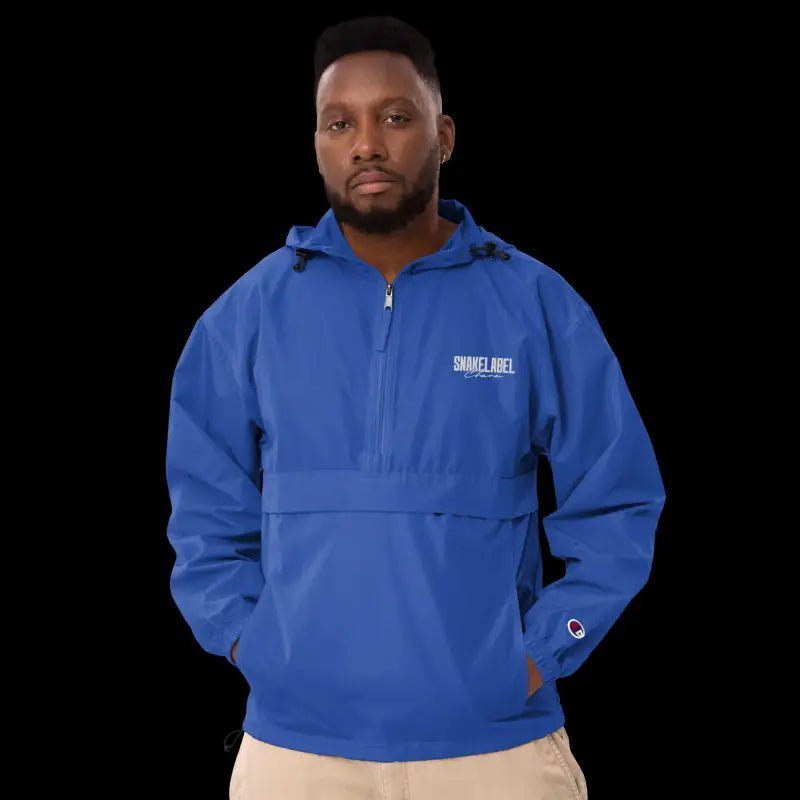 Embroidered Champion Packable Jacket โ Wind - Resistant Hooded Outerwear with Snake Design snake - label
