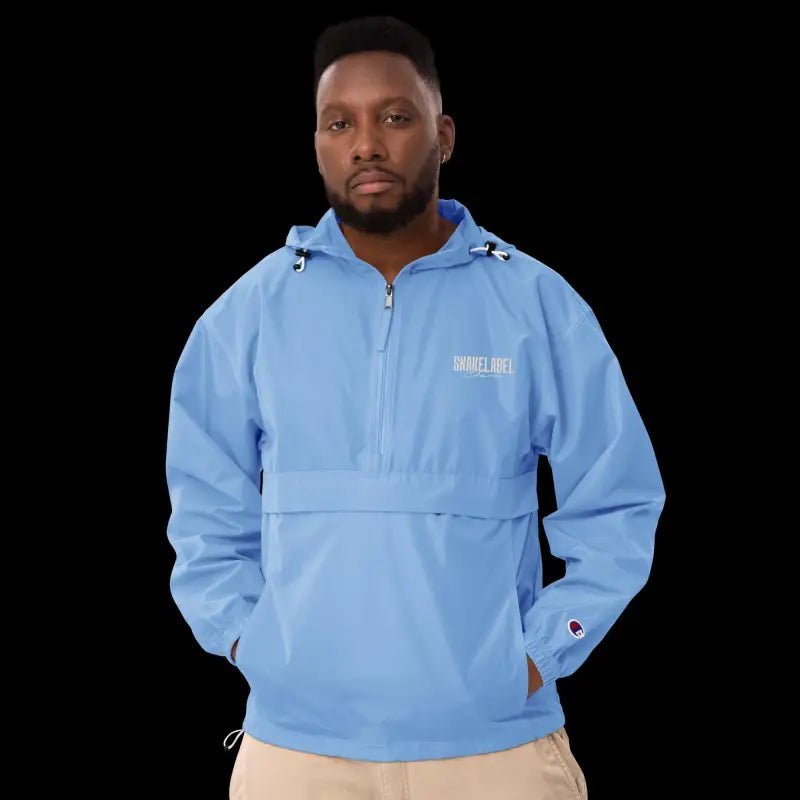 Embroidered Champion Packable Jacket โ Wind - Resistant Hooded Outerwear with Snake Design snake - label
