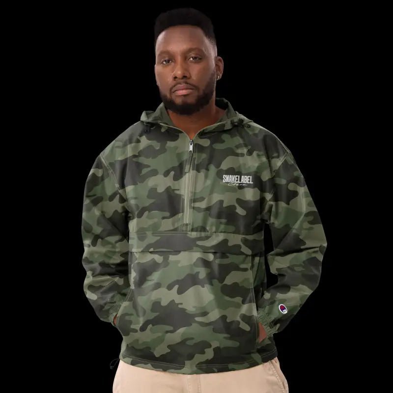 Embroidered Champion Packable Jacket โ Wind - Resistant Hooded Outerwear with Snake Design snake - label