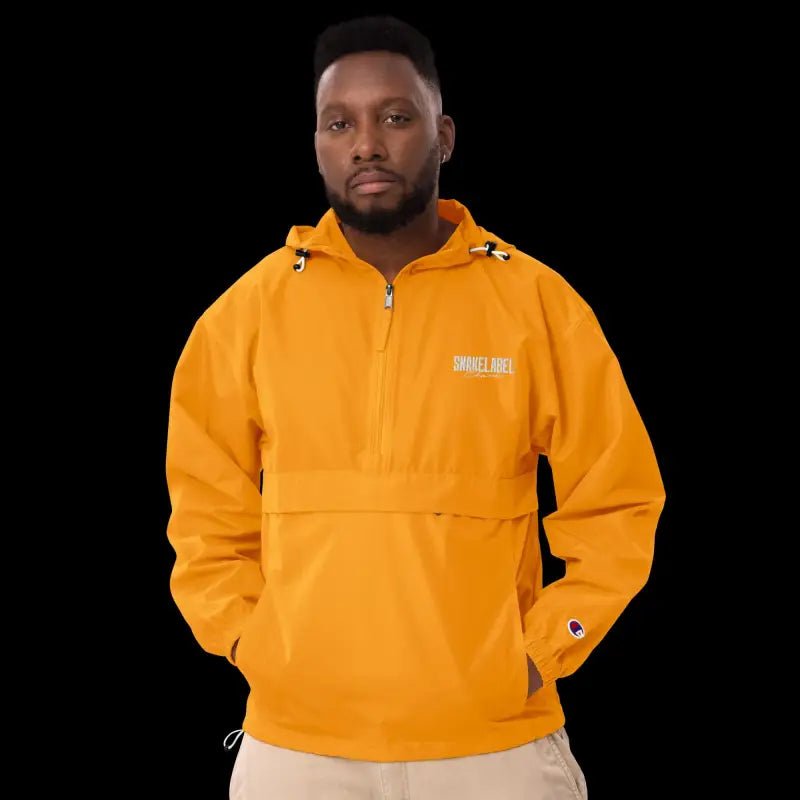 Embroidered Champion Packable Jacket โ Wind - Resistant Hooded Outerwear with Snake Design snake - label