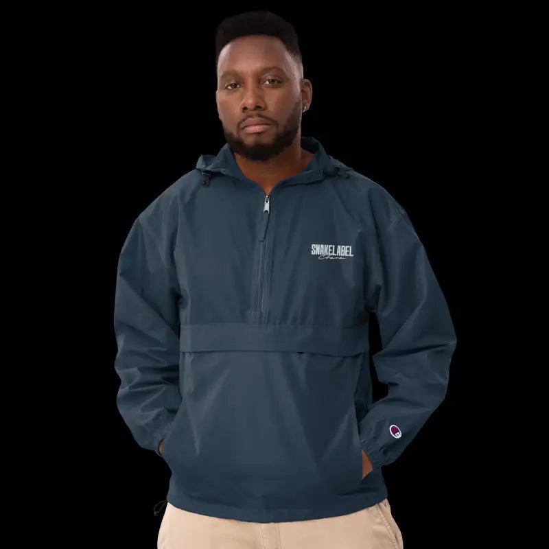Embroidered Champion Packable Jacket โ Wind - Resistant Hooded Outerwear with Snake Design snake - label
