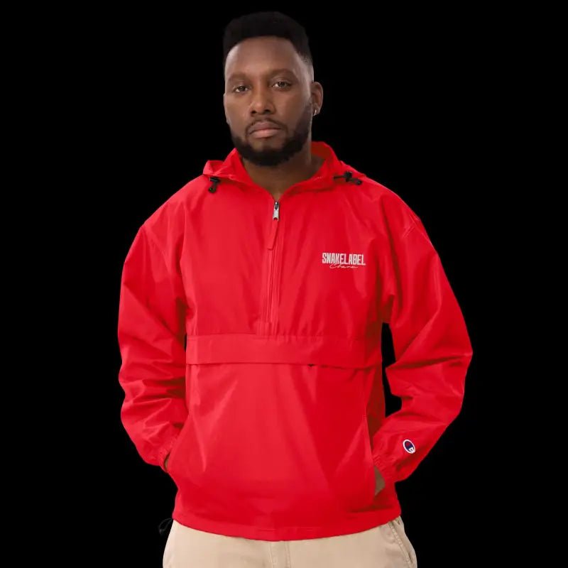 Embroidered Champion Packable Jacket โ Wind - Resistant Hooded Outerwear with Snake Design snake - label