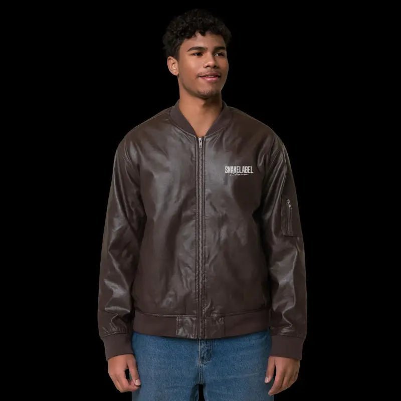 Men's Snake Leather Bomber Jacket โ PU Rib - Knit Banding Jacket with Side Pockets snake - label