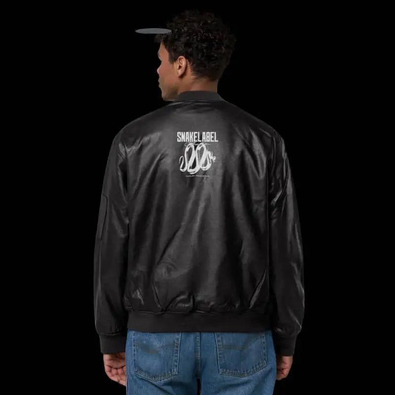 Men's Snake Leather Bomber Jacket โ PU Rib - Knit Banding Jacket with Side Pockets snake - label