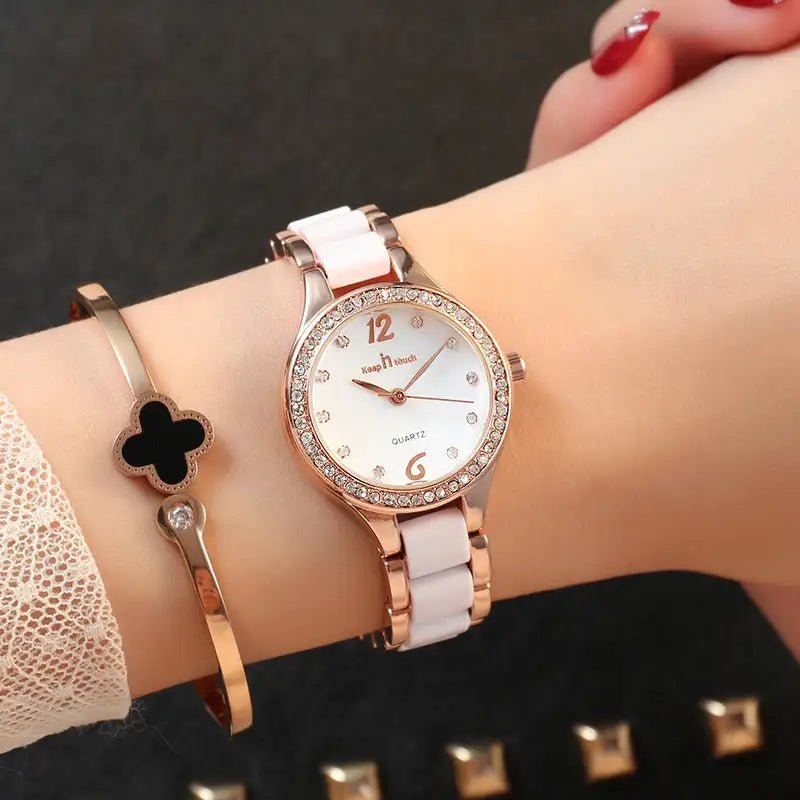 Women Watches Luxury Quartz: 30m Waterproof, 7mm Slim Case, 28mm Dial, Alloy + Ceramic Band snake - label