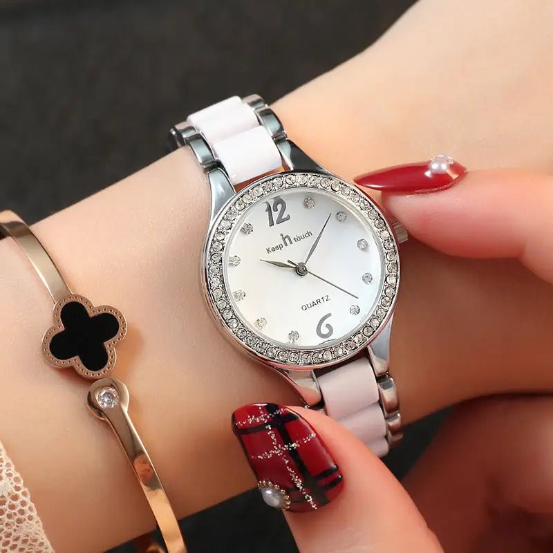 Women Watches Luxury Quartz: 30m Waterproof, 7mm Slim Case, 28mm Dial, Alloy + Ceramic Band snake - label