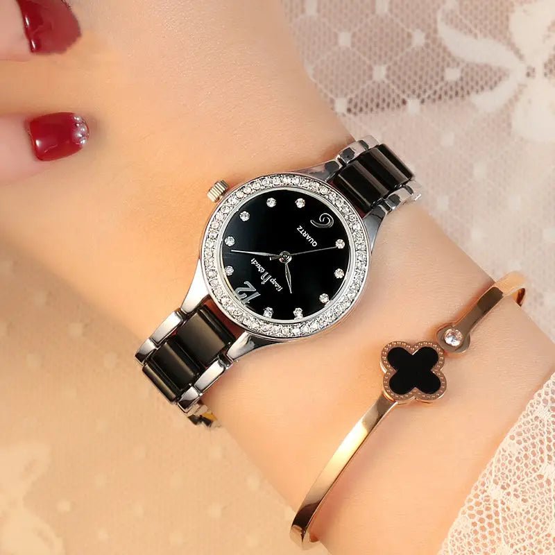 Women Watches Luxury Quartz: 30m Waterproof, 7mm Slim Case, 28mm Dial, Alloy + Ceramic Band snake - label