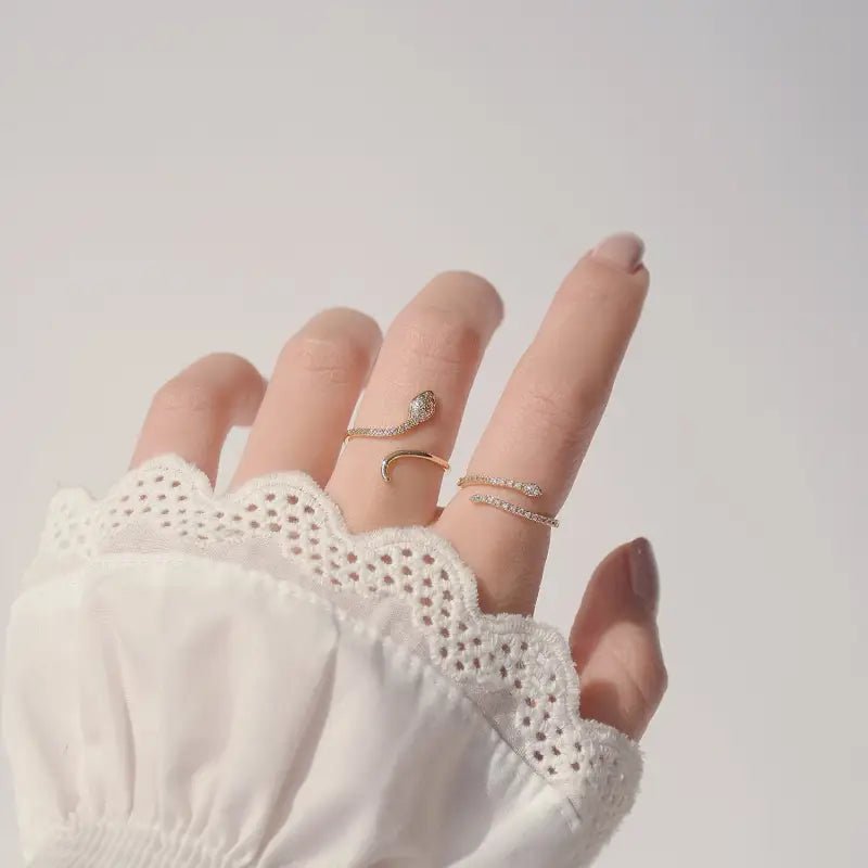 Zircon Snake Ring with Micro - Inlaid Zircon - Adjustable Open Ring Symbolizing Transformation snake - label