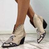 Block-Heel Rivet Color-Block Snake Print Ankle Boots - Trendy Snake Boot