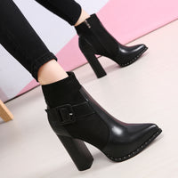 Snake Pattern Suede Belt Buckle Pointed Toe Short Boots Women