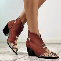 Block-Heel Rivet Color-Block Snake Print Ankle Boots - Trendy Snake Boot