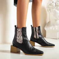 Women's Thick Heel Pointed Snake Print Short Boots