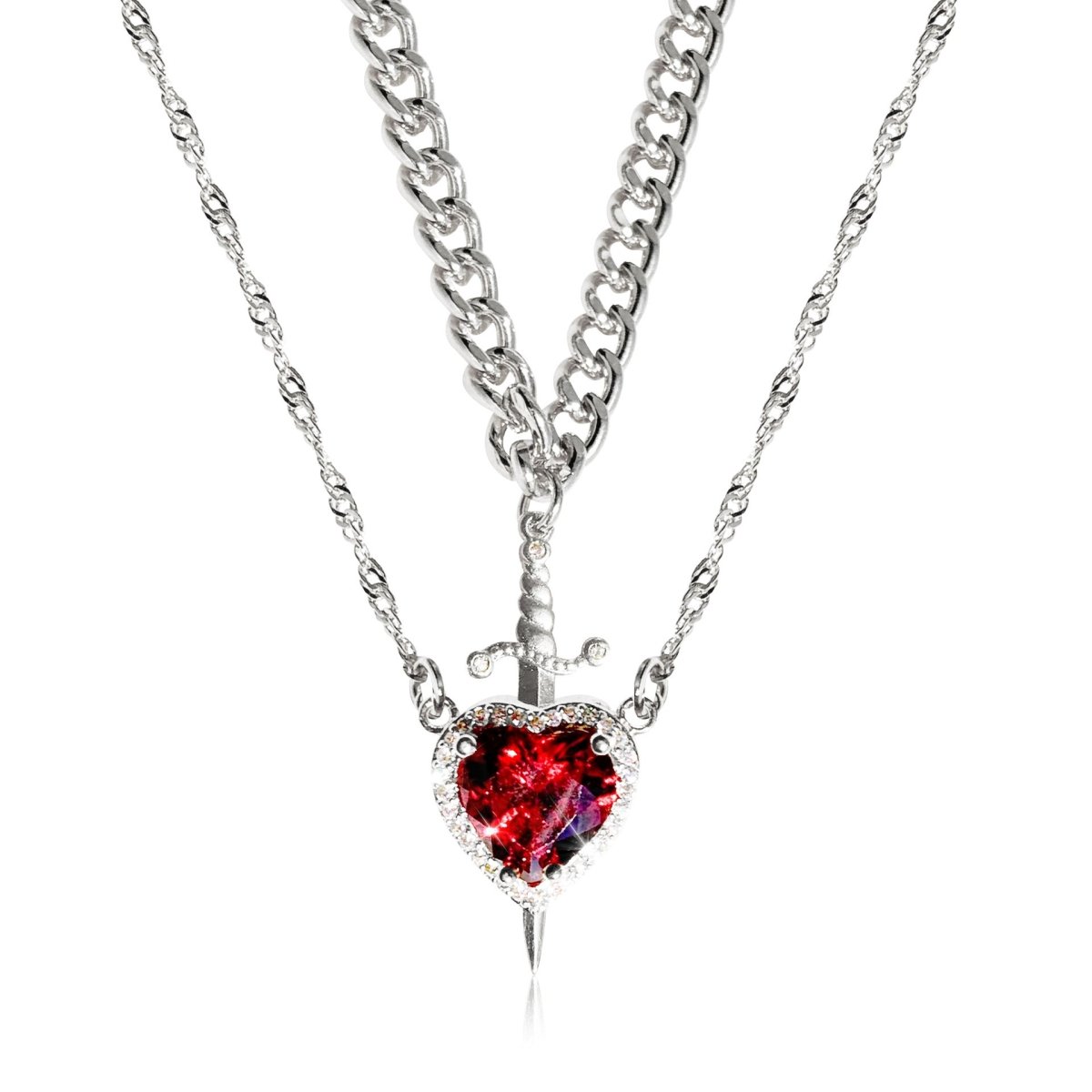 Gothic Punk Heart Dagger Couple Necklace - Two - Tone Arrow Through Heart Design with Red Rhinestone, Fashion Jewelry Gift for Friends or Lovers snake - label