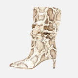 High Heel Snake Print Pleated Mid-top Boots