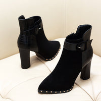 Snake Pattern Suede Belt Buckle Pointed Toe Short Boots Women