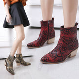 Snake Print Square Toe Thick Heel Sexy Short Boots