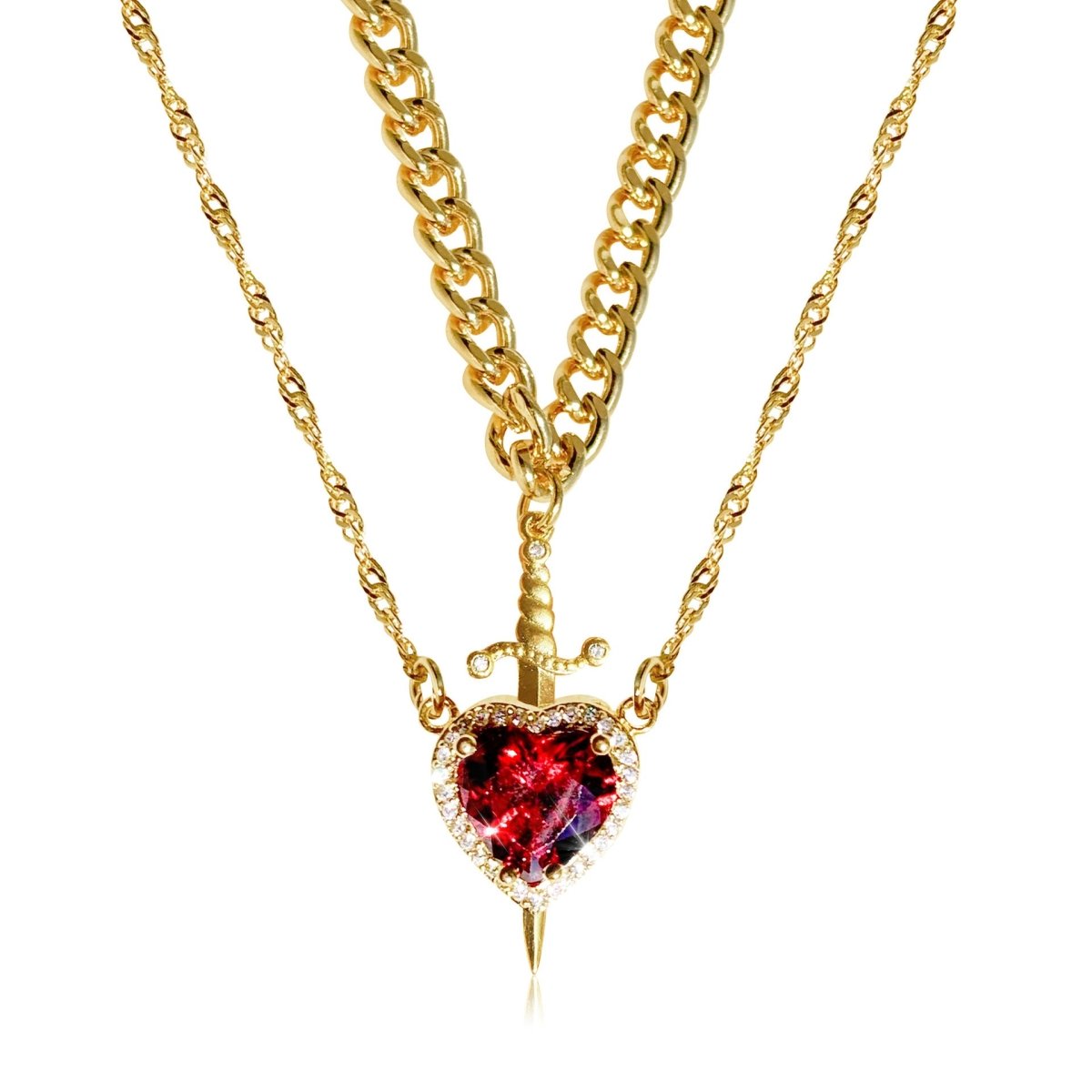 Gothic Punk Heart Dagger Couple Necklace - Two - Tone Arrow Through Heart Design with Red Rhinestone, Fashion Jewelry Gift for Friends or Lovers snake - label