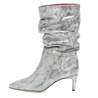 High Heel Snake Print Pleated Mid-top Boots