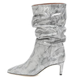 High Heel Snake Print Pleated Mid-top Boots