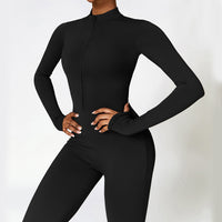 Women's Warm Long-Sleeve Zipper Jumpsuit - Breathable Yoga Fitness Sports Bodysuit for Activewear and Everyday Comfort