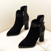 Snake Pattern Suede Belt Buckle Pointed Toe Short Boots Women