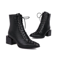 Fashion Mid-heel Square Toe  Snake Front Lace-up Low-top Women's Boots