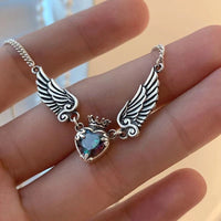 Vintage Gothic Heart Crown Angel Wings Necklace for Women - Exquisite Love Pendant Clavicle Chain Choker, Fashion Jewelry