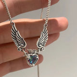 Vintage Gothic Heart Crown Angel Wings Necklace for Women - Exquisite Love Pendant Clavicle Chain Choker, Fashion Jewelry