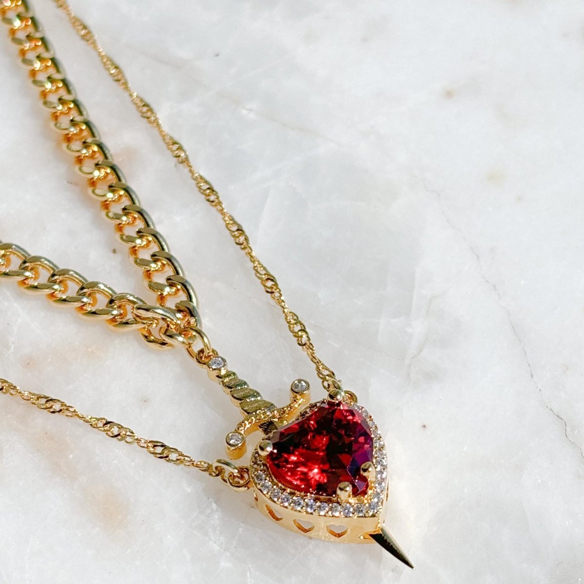 Gothic Punk Heart Dagger Couple Necklace - Two - Tone Arrow Through Heart Design with Red Rhinestone, Fashion Jewelry Gift for Friends or Lovers snake - label