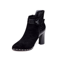 Snake Pattern Suede Belt Buckle Pointed Toe Short Boots Women