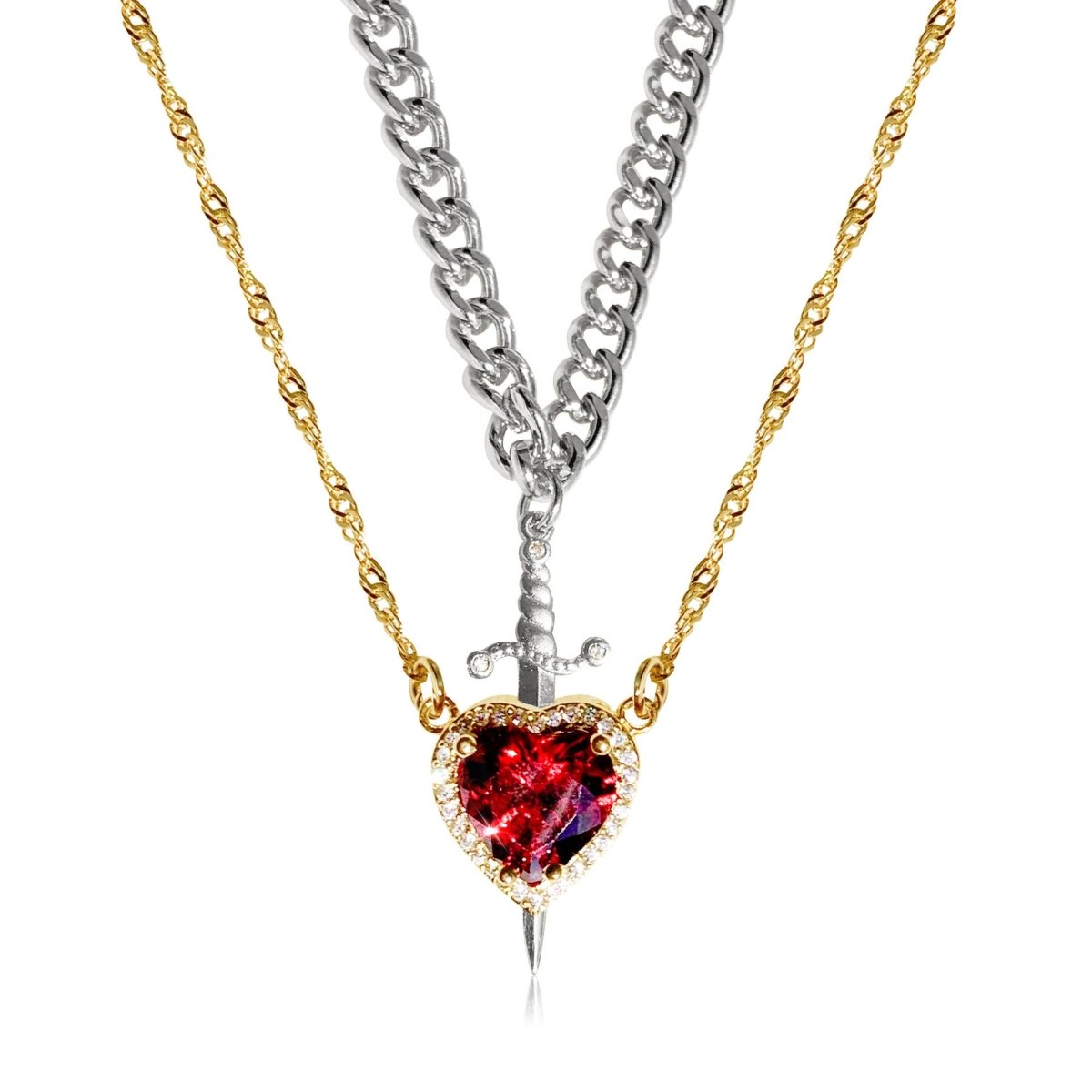 Gothic Punk Heart Dagger Couple Necklace - Two - Tone Arrow Through Heart Design with Red Rhinestone, Fashion Jewelry Gift for Friends or Lovers snake - label