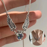 Vintage Gothic Heart Crown Angel Wings Necklace for Women - Exquisite Love Pendant Clavicle Chain Choker, Fashion Jewelry