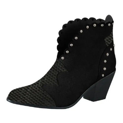 Block - Heel Rivet Color - Block Snake Print Ankle Boots - Trendy Snake Boot snake - label
