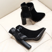 Snake Pattern Suede Belt Buckle Pointed Toe Short Boots Women