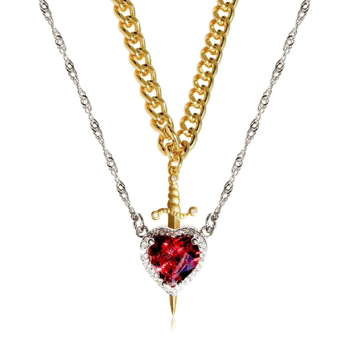 Gothic Punk Heart Dagger Couple Necklace - Two - Tone Arrow Through Heart Design with Red Rhinestone, Fashion Jewelry Gift for Friends or Lovers snake - label