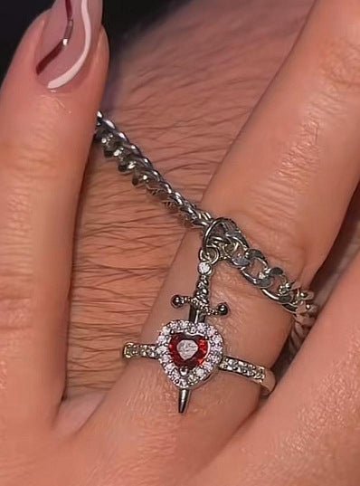 Gothic Punk Heart Dagger Couple Necklace - Two - Tone Arrow Through Heart Design with Red Rhinestone, Fashion Jewelry Gift for Friends or Lovers snake - label