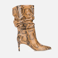 High Heel Snake Print Pleated Mid-top Boots