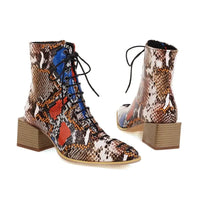 Fashion Mid - heel Square Toe Snake Front Lace - up Low - top Women's Boots snake - label