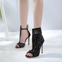 Fishbill Rhinestone Heels: Suede High Heel Pumps, Black, Sizes 35 - 43 snake - label