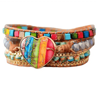 Leather Wrapped Bracelet with Royal Jasper & Agate - Handmade, 50cm Size, 7 Colors snake - label