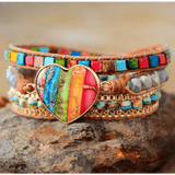 Leather Wrapped Bracelet with Royal Jasper & Agate - Handmade, 50cm Size, 7 Colors snake - label