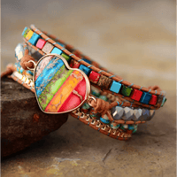 Leather Wrapped Bracelet with Royal Jasper & Agate - Handmade, 50cm Size, 7 Colors snake - label