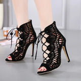 LUXE Lace High Heels: 8CM Stiletto, Fish Mouth Toe & Viscose Sole snake - label