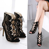 LUXE Lace High Heels: 8CM Stiletto, Fish Mouth Toe & Viscose Sole snake - label